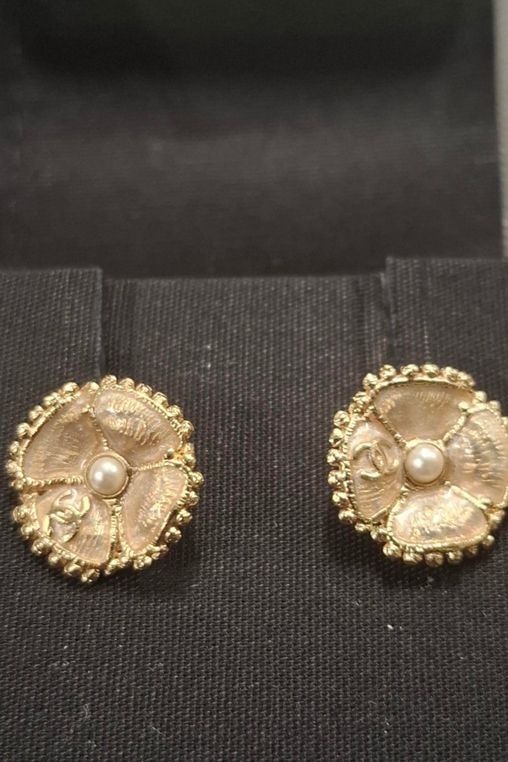 Chanel Classic CC Logo Camellia Pearl Earrings in Gold Metal