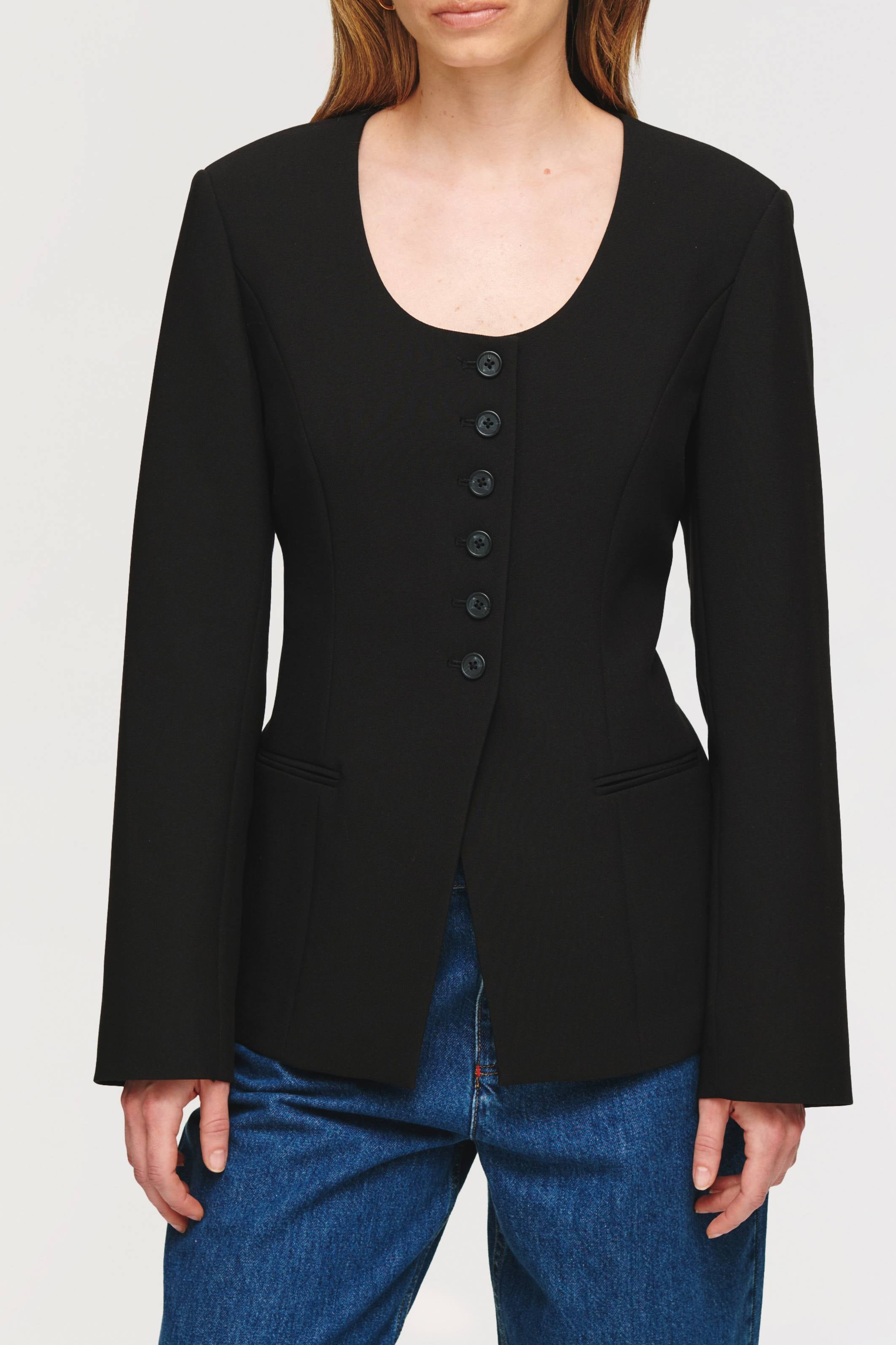 Daphne Scoop Neck Waisted Blazer Black - Bessette