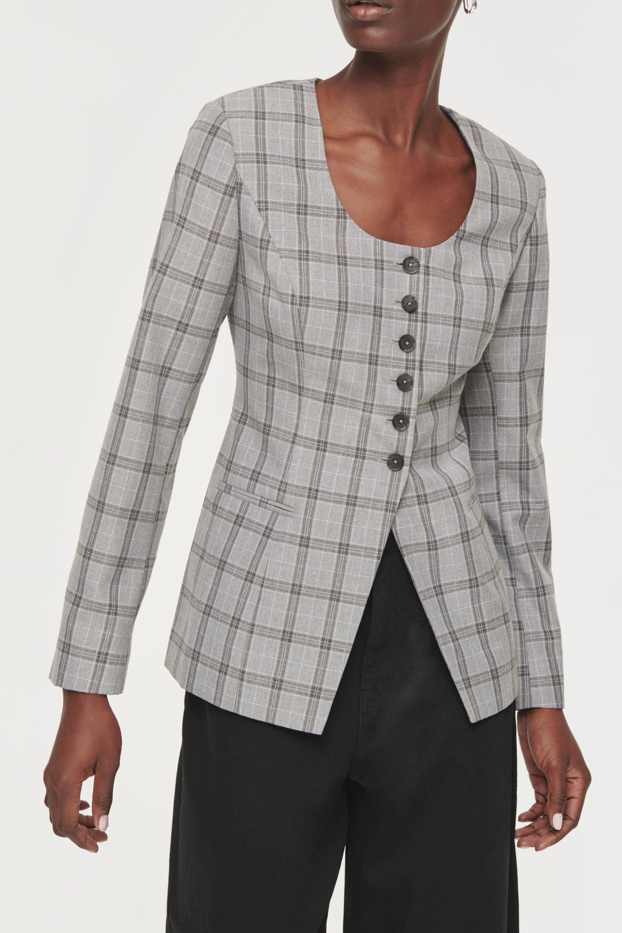 Daphne Scoop Neck Waisted Blazer Check - Bessette