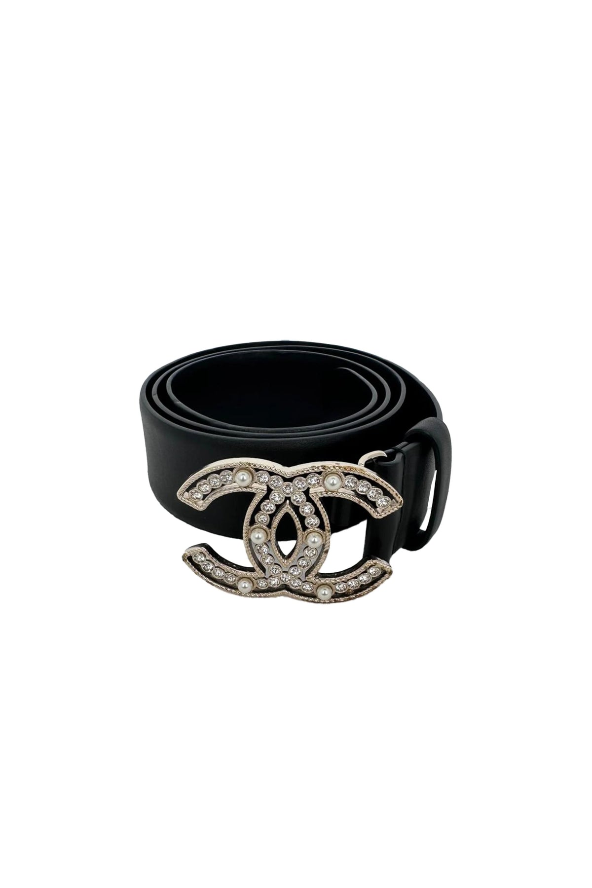 Chanel Faux Pearl Embellished CC Buckle Belt in Black Leather