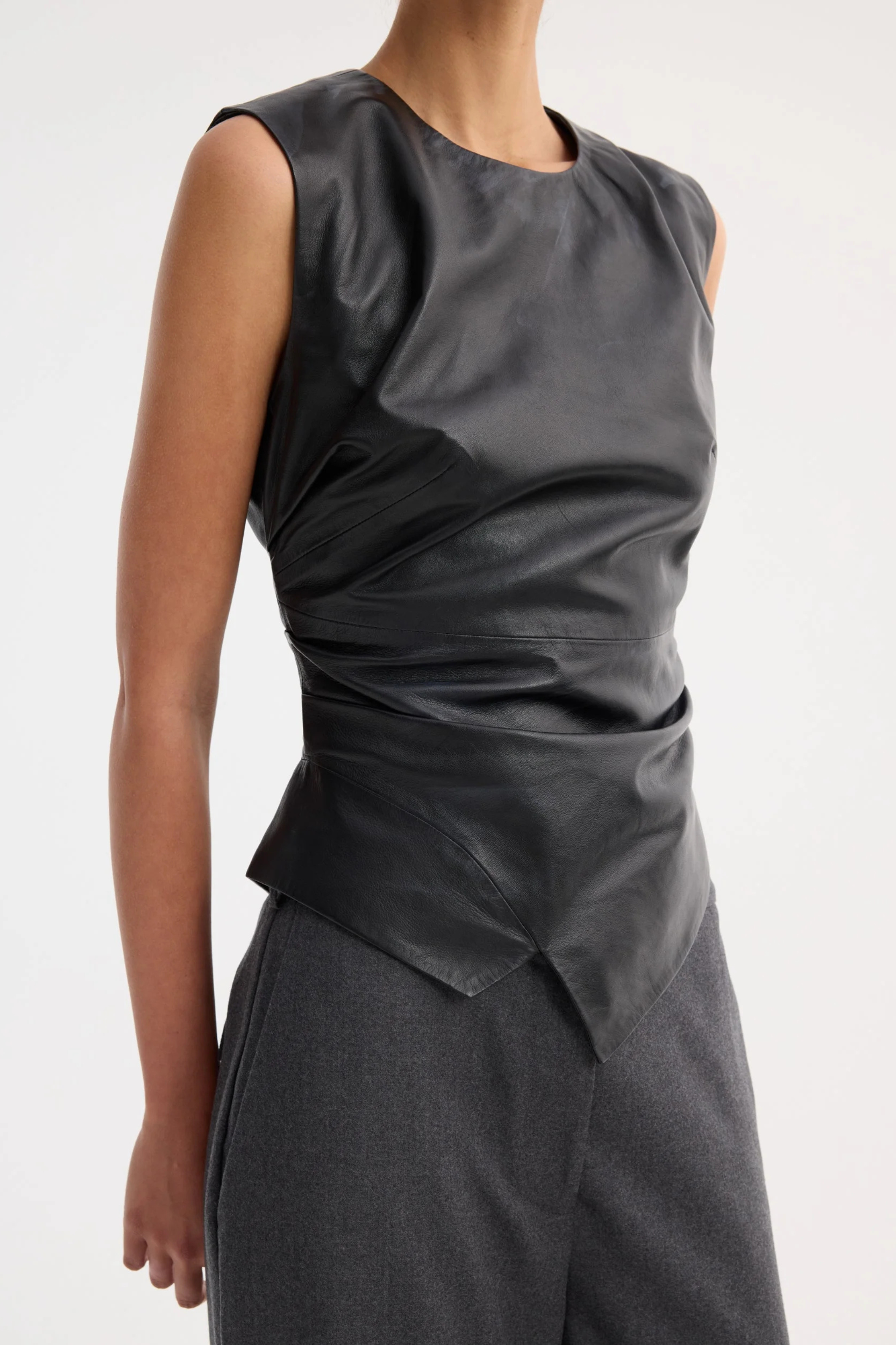 Sleeveless Draped Leather Top - Bessette