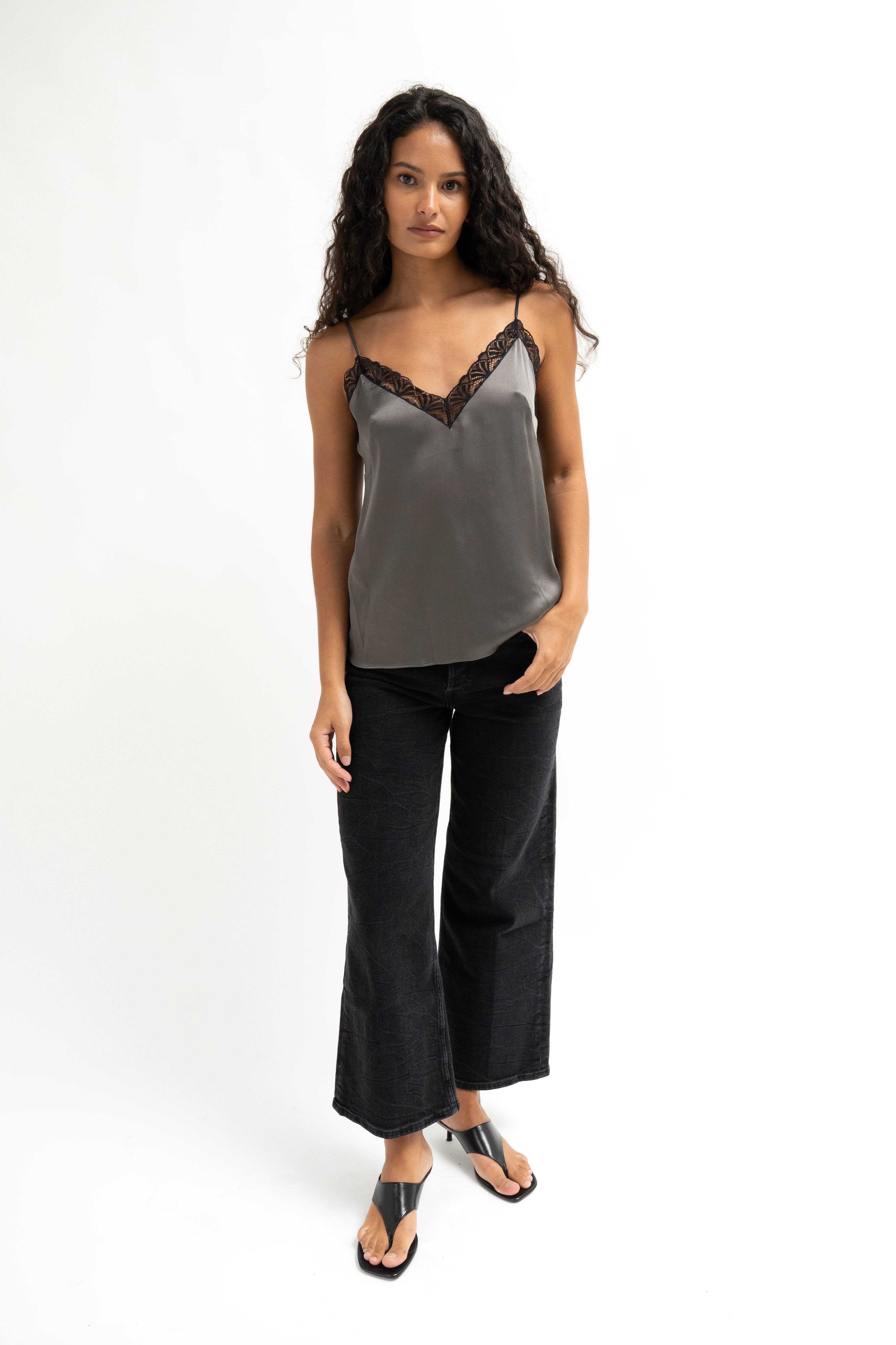 Alberta Ferretti Grey Satin & Lace Camisole