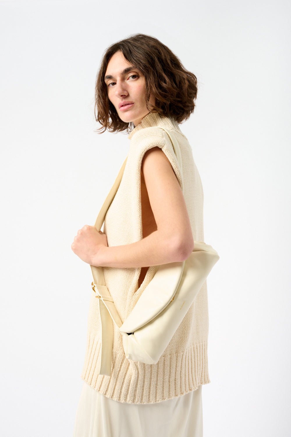 Eggshell Small Cannolo Padded Leather Shoulder Bag-Jil Sander-Bessette