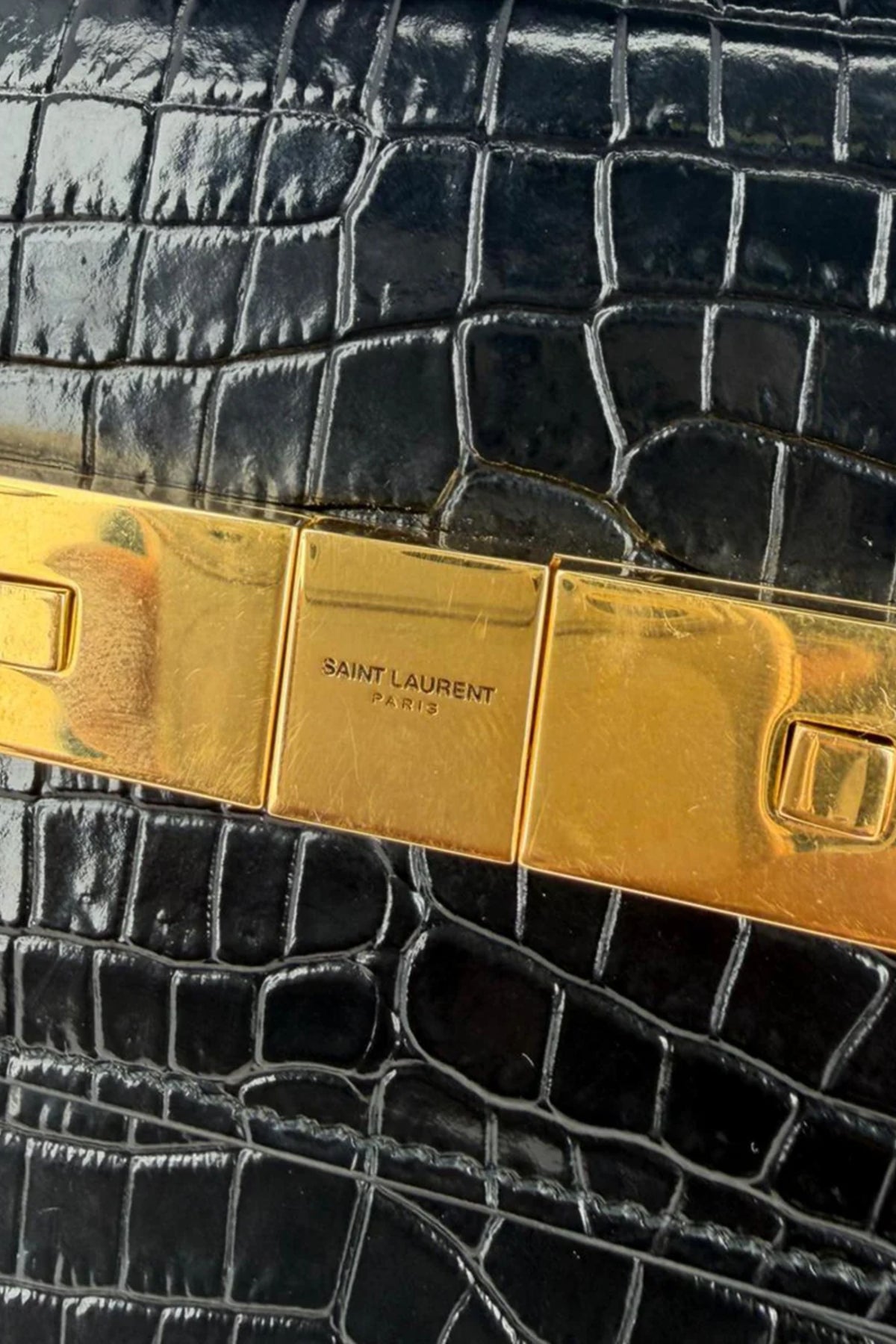 Saint Laurent Croc Embossed Manhattan Shoulder Bag in Black Leather