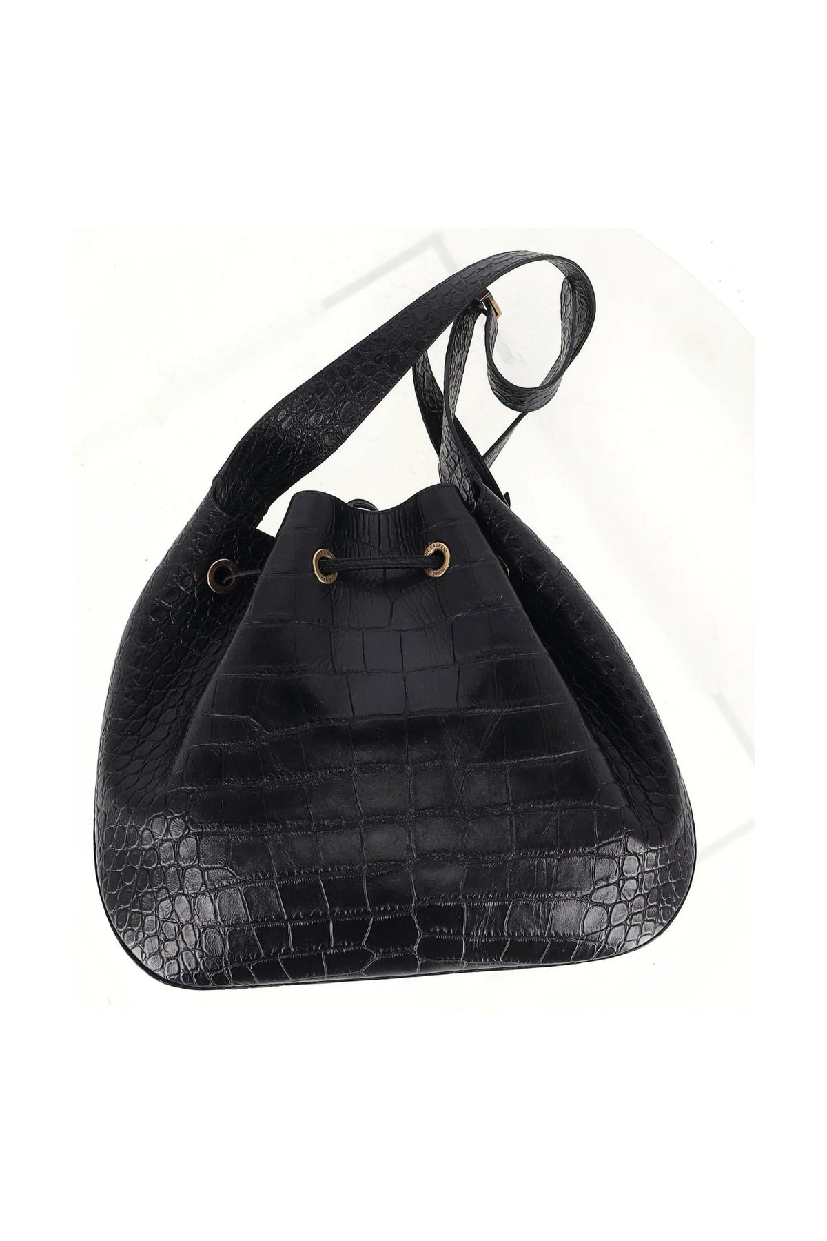 Saint Laurent Medium Paris VII Hobo Croc Effect Bag in Black Leather