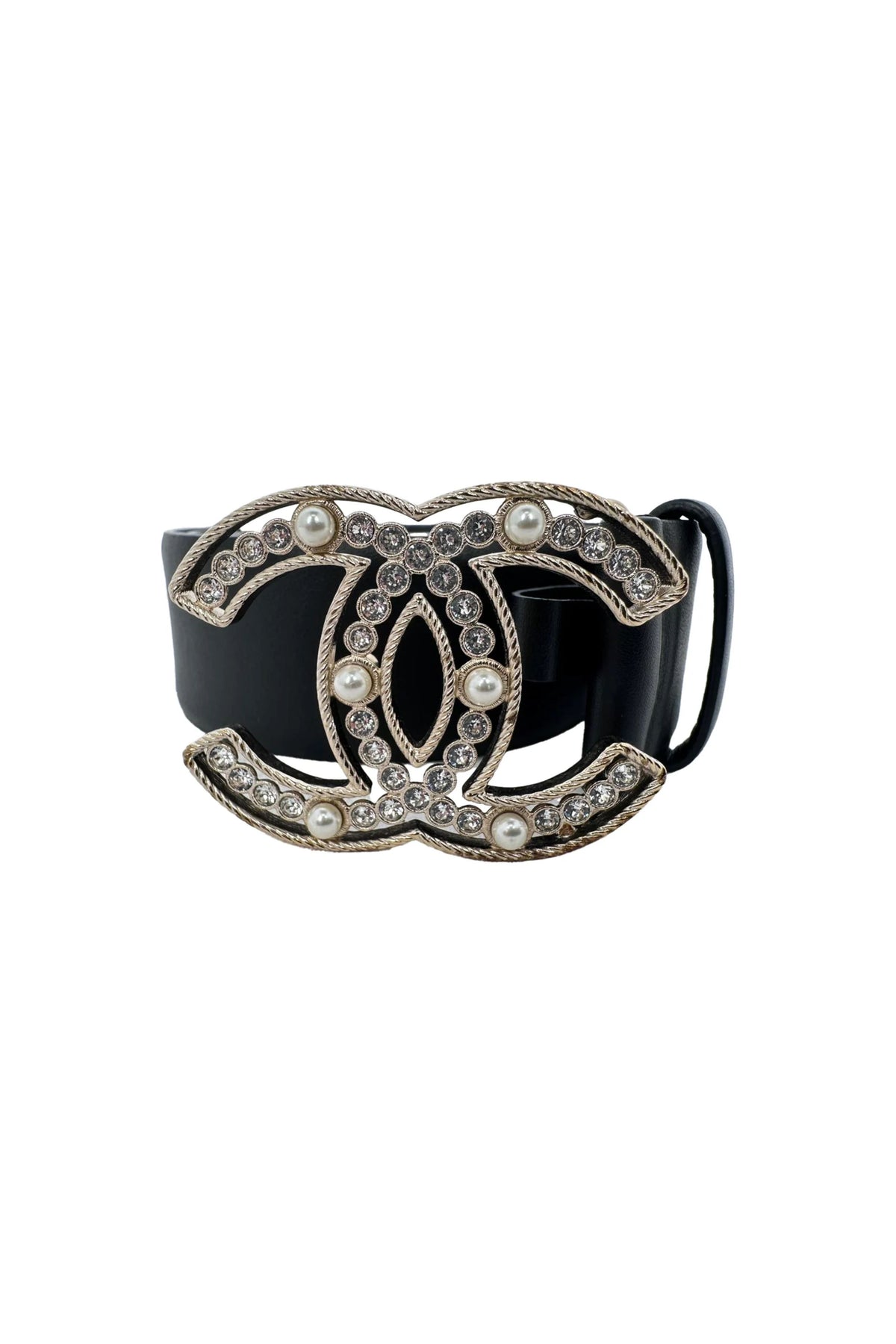 Chanel Faux Pearl Embellished CC Buckle Belt in Black Leather