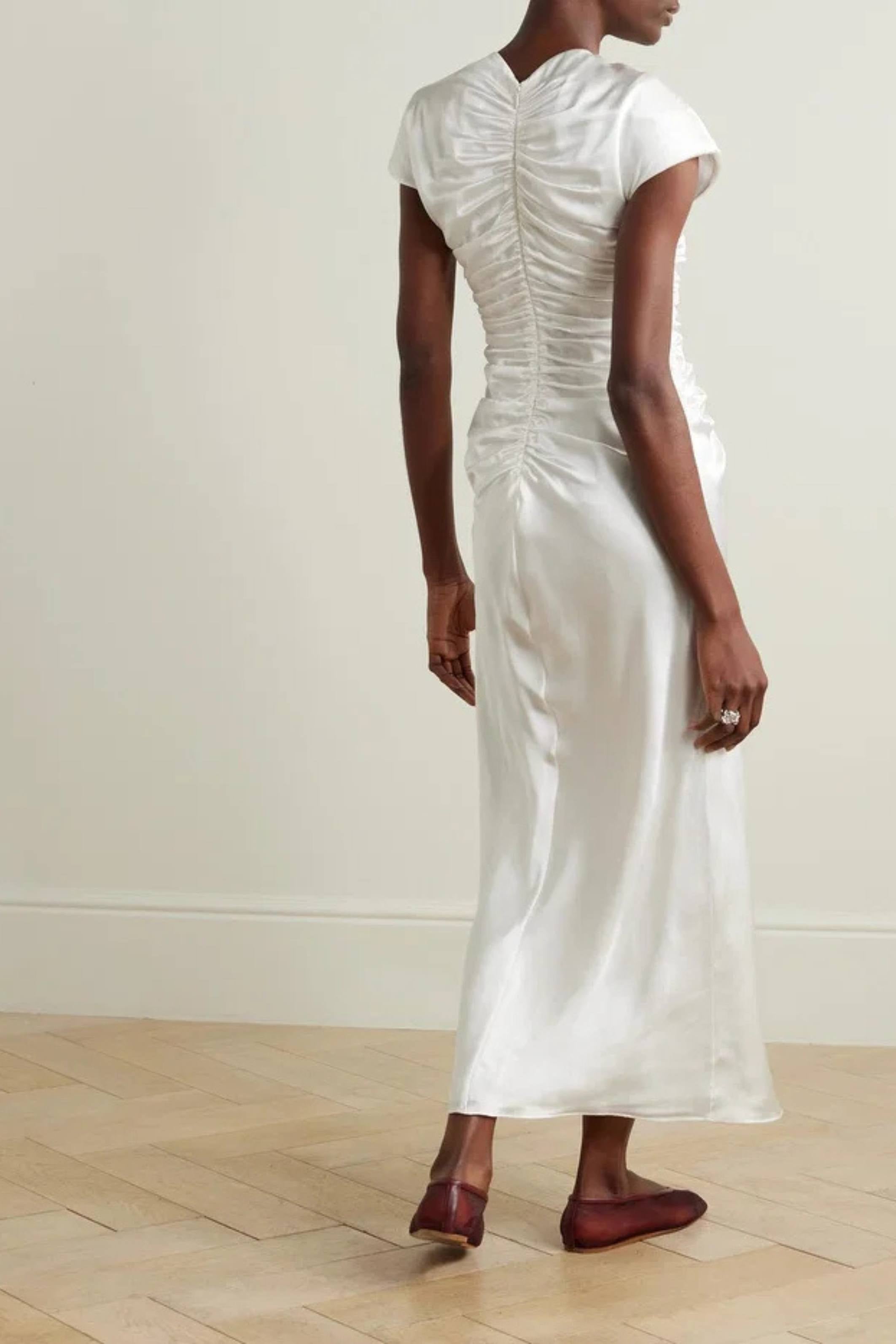 White Aubree Satin Rouched Dress