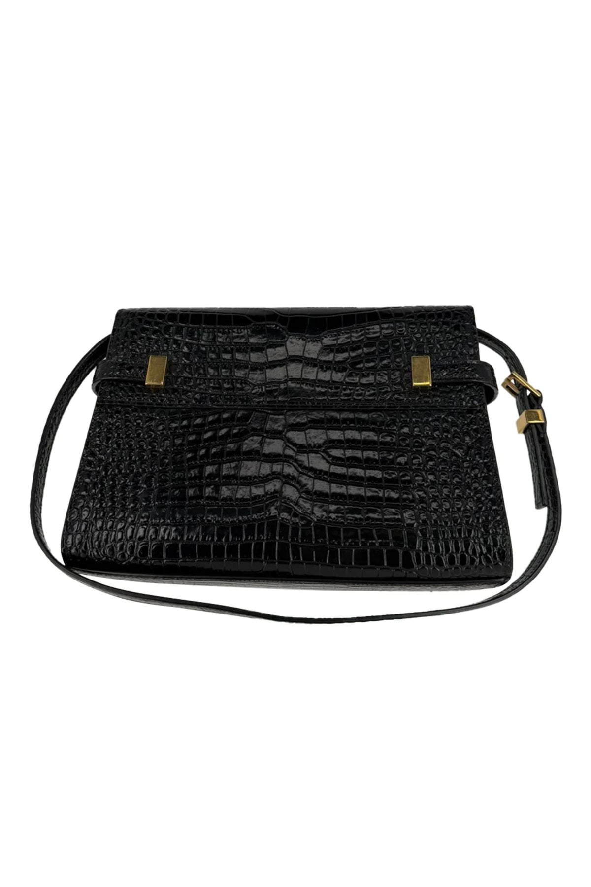Saint Laurent Croc Embossed Manhattan Shoulder Bag in Black Leather