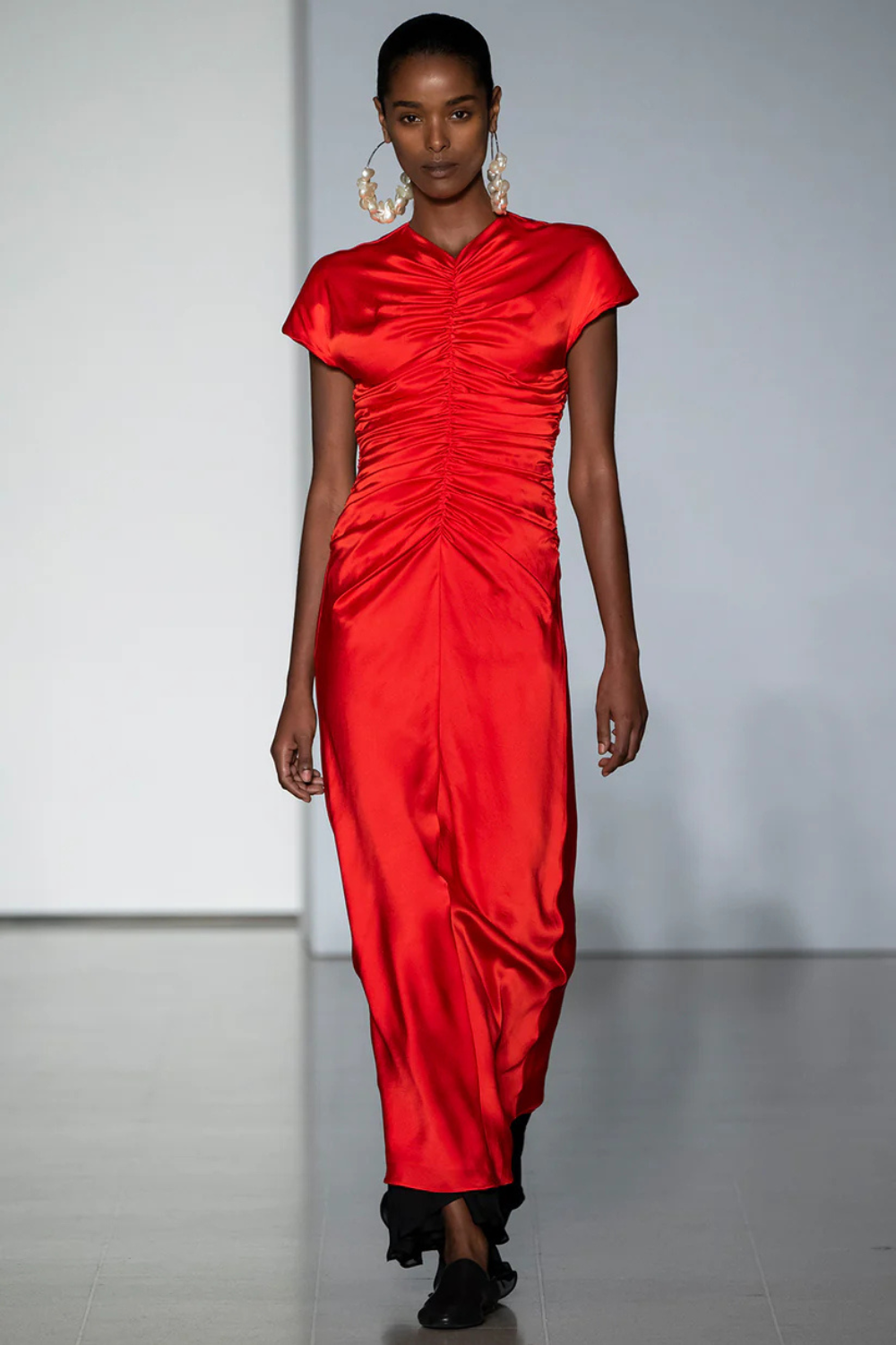 Red Aubree Satin Rouched Dress