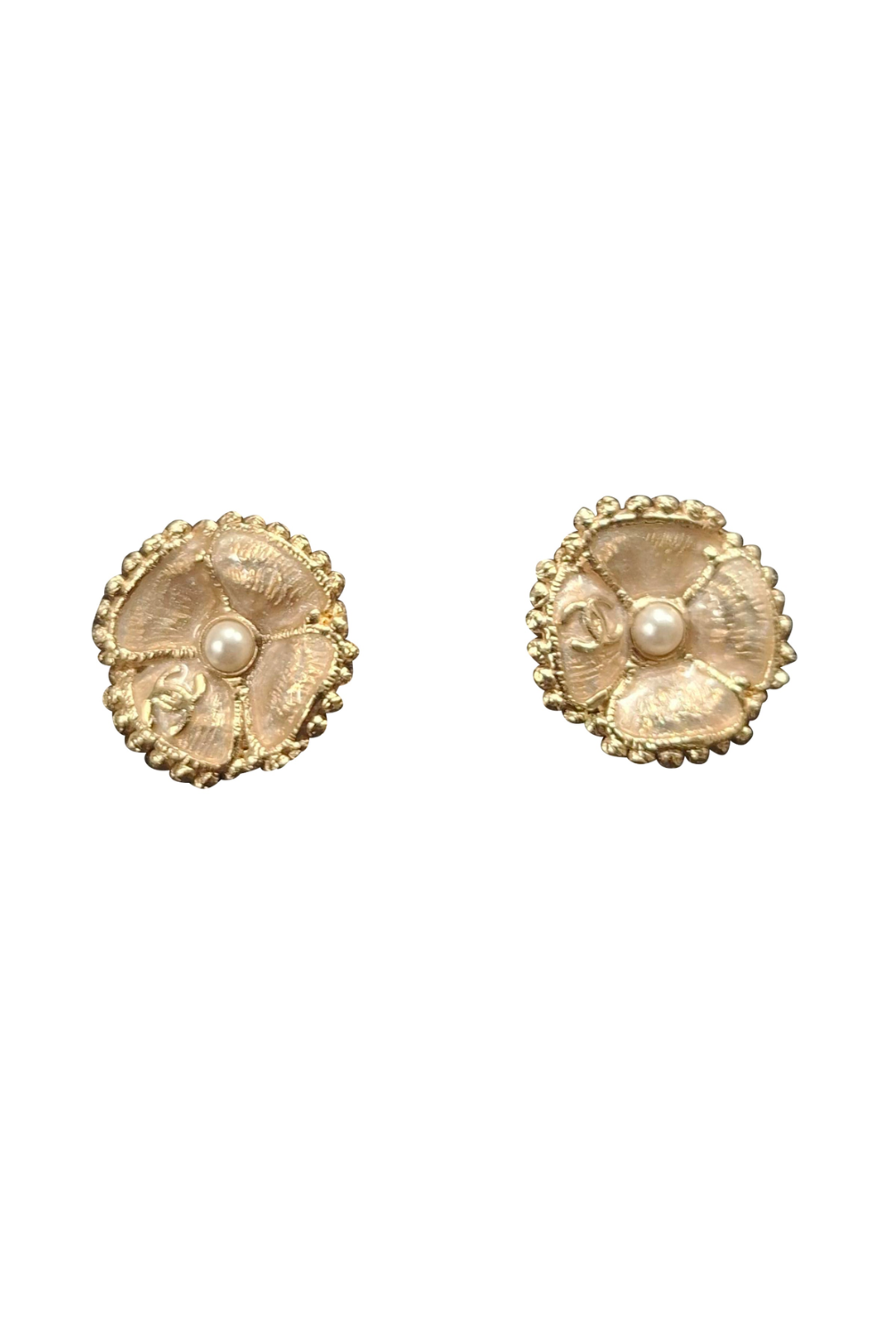 Chanel Classic CC Logo Camellia Pearl Earrings in Gold Metal