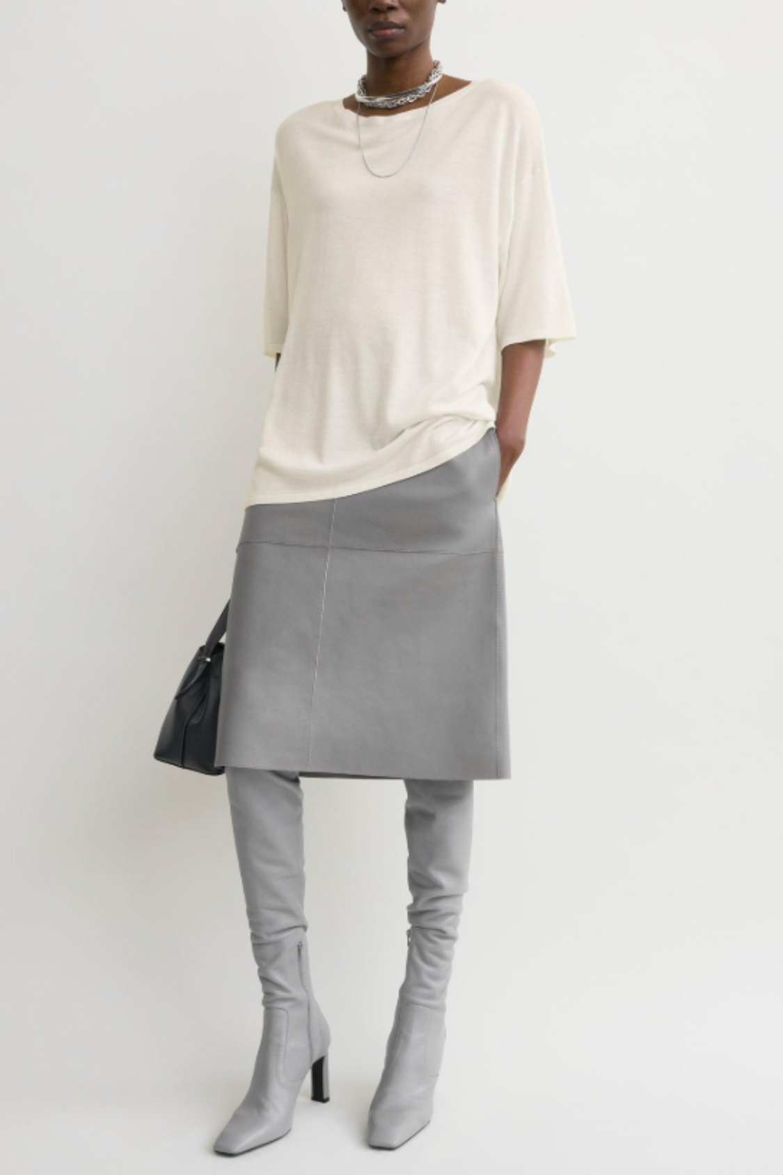 Paneled Leather Skirt Grey