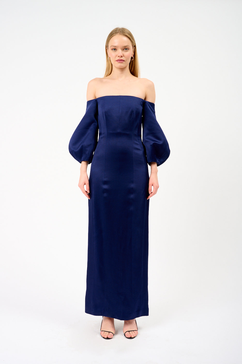 blue off the shoulder midi dress Steel Confidence Off-Shoulder Midi Dress