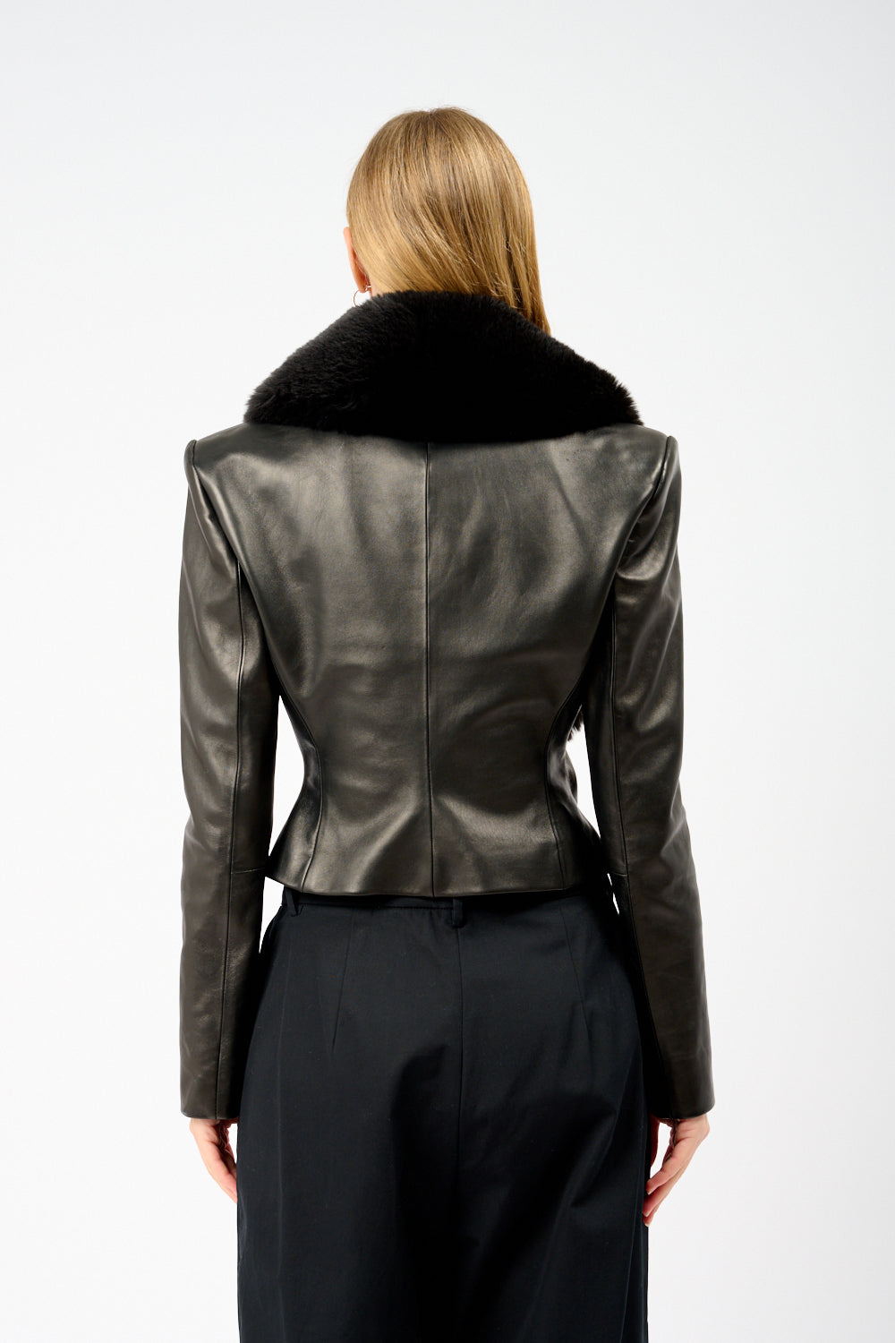 Cropped Fur Collar Leather Jacket