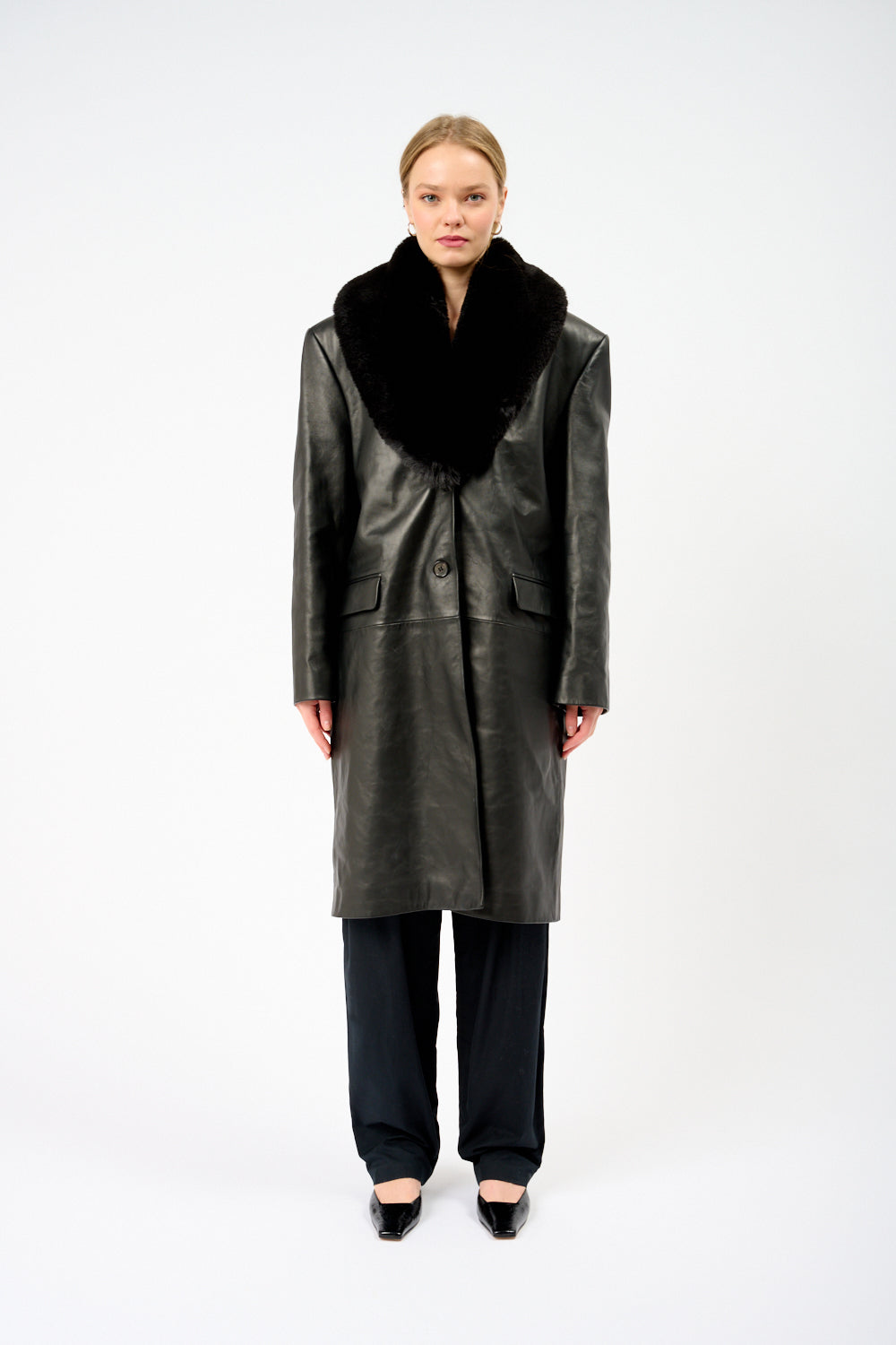 Faux Fur-Trimmed Leather Coat