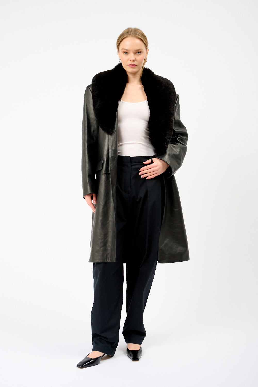 Faux Fur-Trimmed Leather Coat