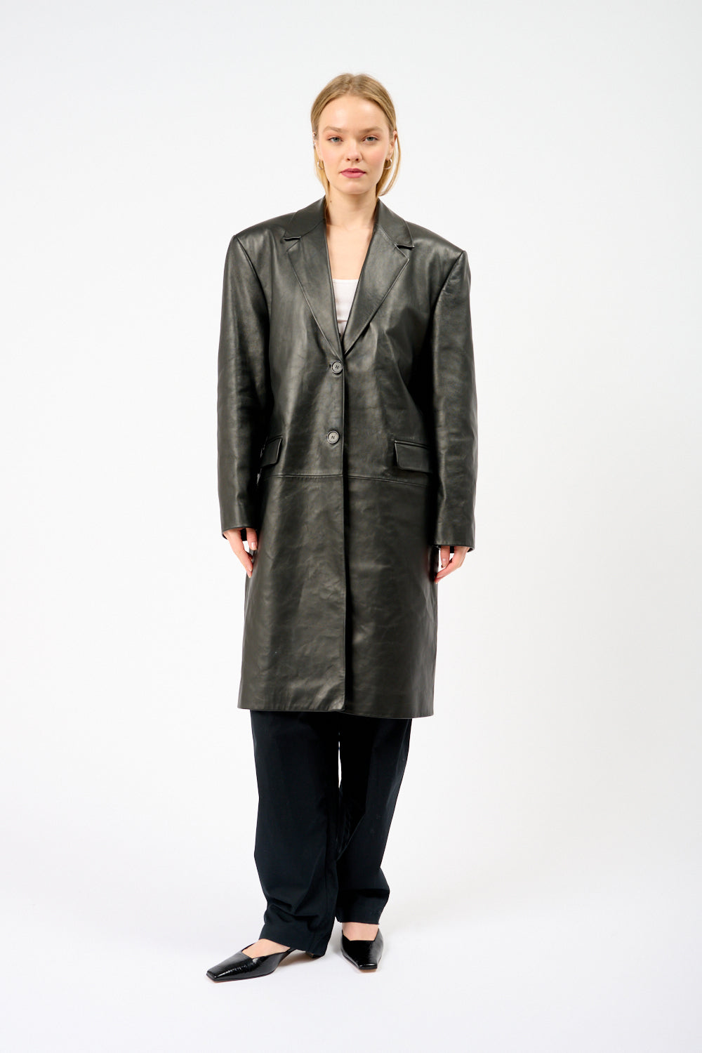 Faux Fur-Trimmed Leather Coat