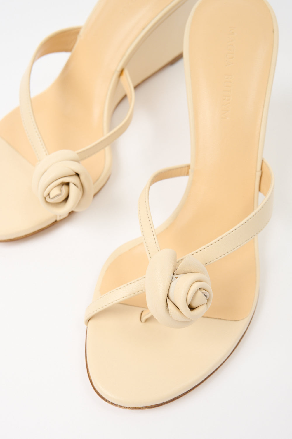 Floral-Appliqué Leather Wedge Sandals