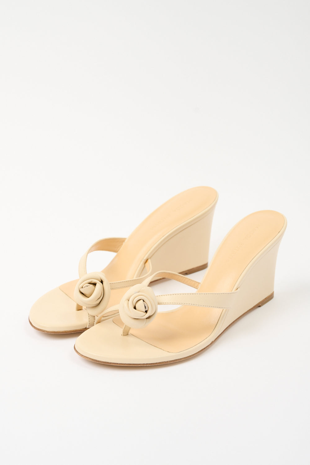 Floral-Appliqué Leather Wedge Sandals