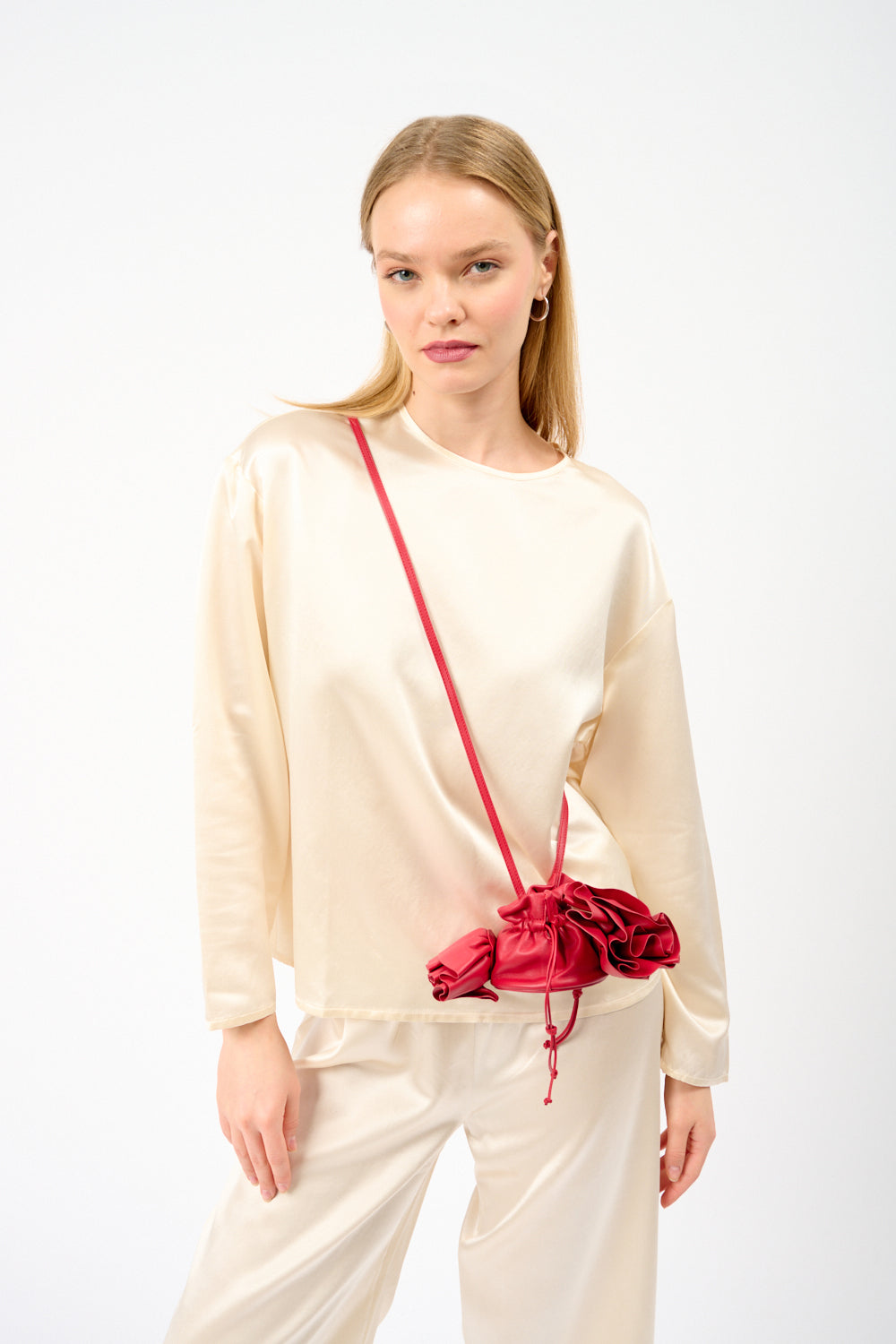 Floral-Appliquéd Leather Bucket Bag