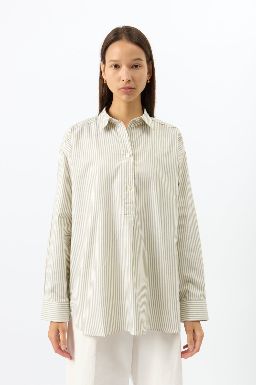 Toteme Striped Half-Placket Shirt Olive - Bessette