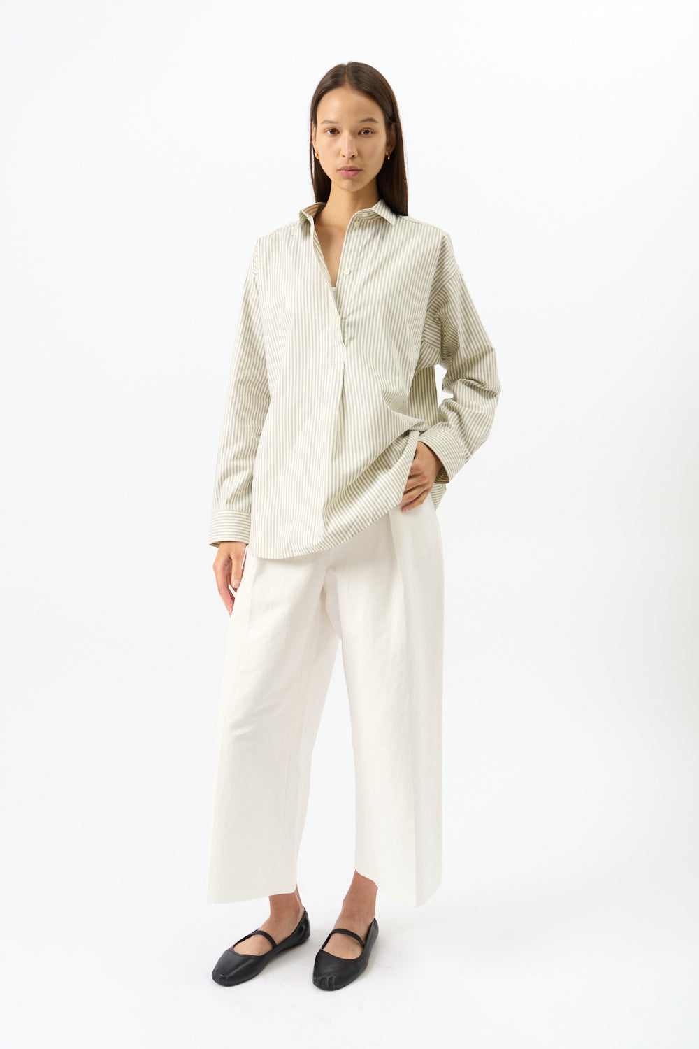 Toteme Striped Half-Placket Shirt Olive - Bessette