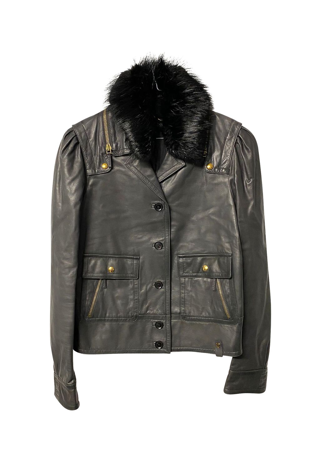 Gucci Jacket with Fur Collar Detail in Black Leather