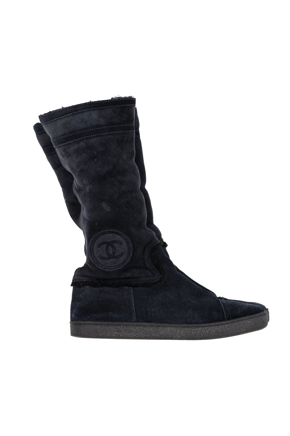 Chanel CC Logo Shearling Boots in Navy Blue Suede