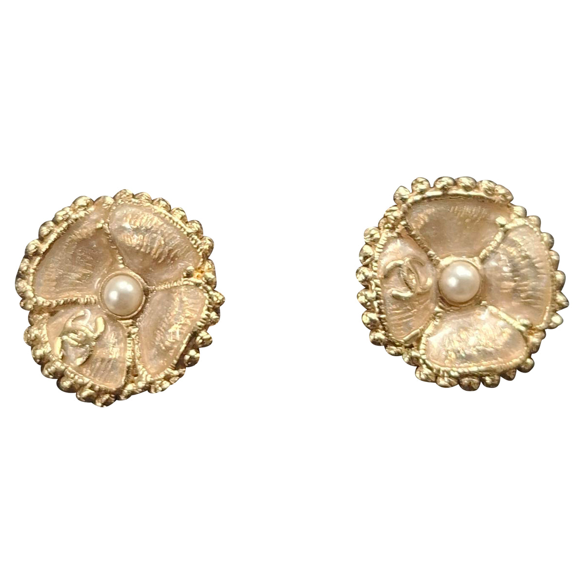 Chanel Classic CC Logo Camellia Pearl Earrings in Gold Metal