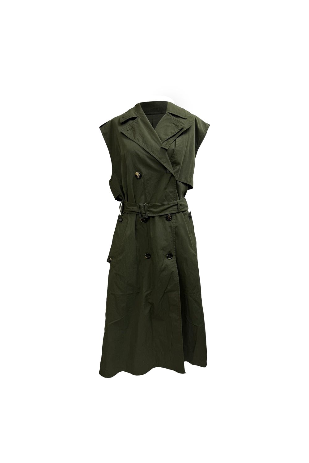 Bottega Veneta Double-Breasted Sleeveless Trench Coat in Olive Cotton