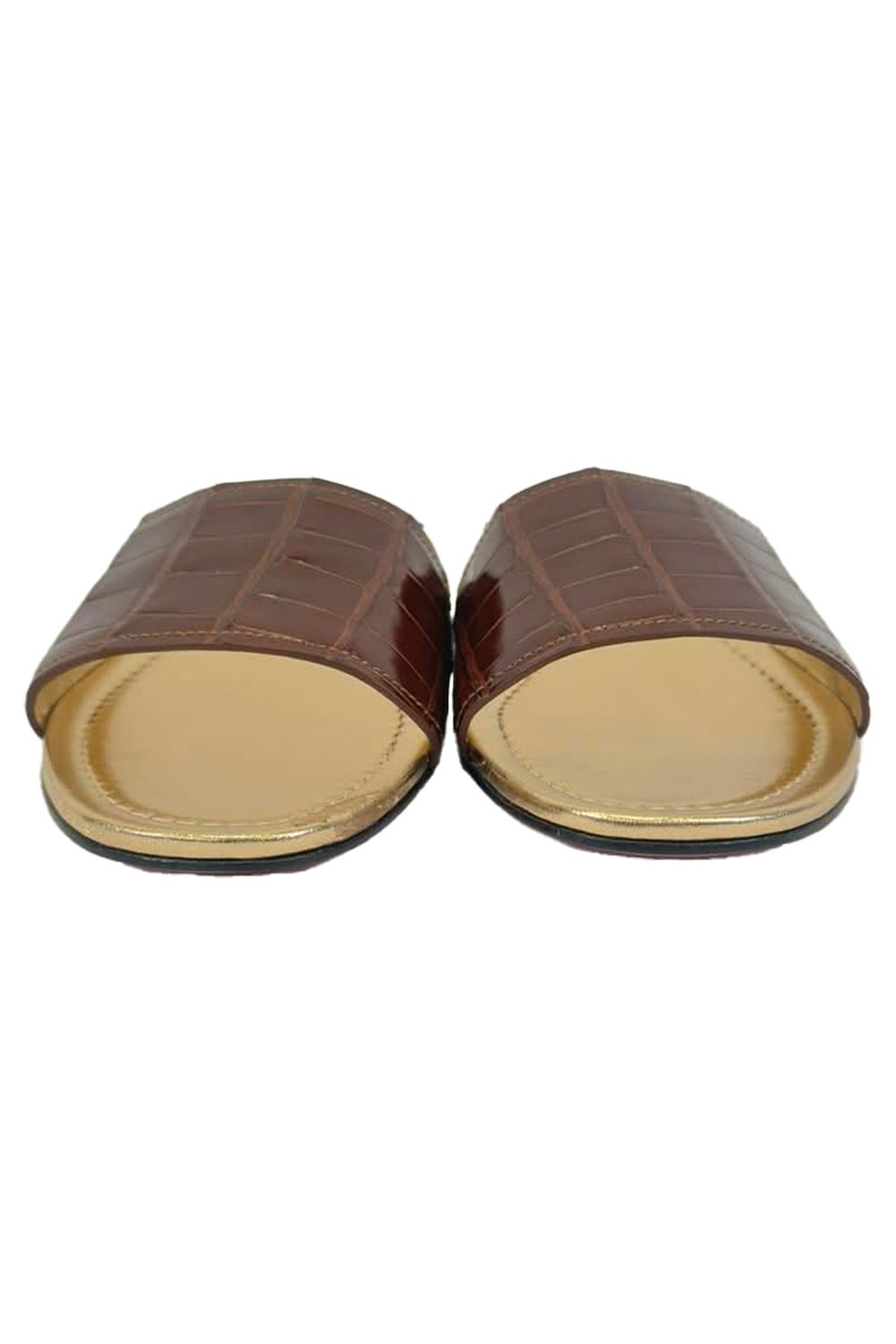Prada Croc-Embossed Slide Flat Sandals in Brown Leather