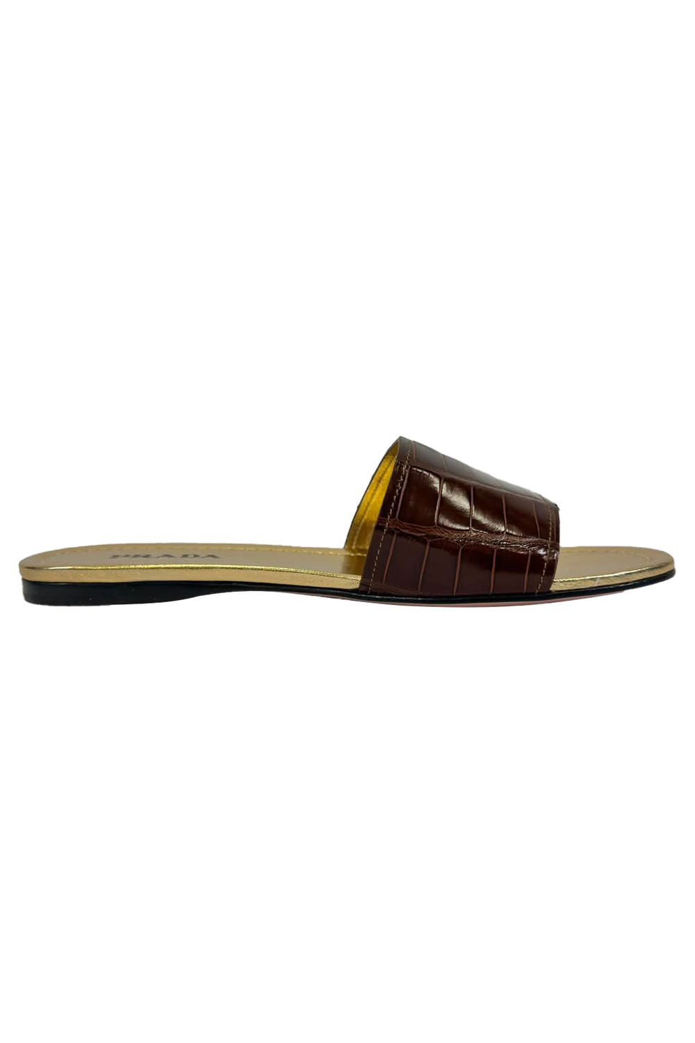 Prada Croc-Embossed Slide Flat Sandals in Brown Leather