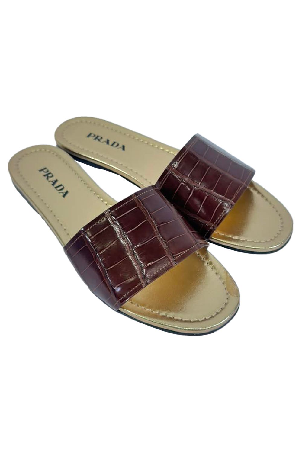 Prada Croc-Embossed Slide Flat Sandals in Brown Leather