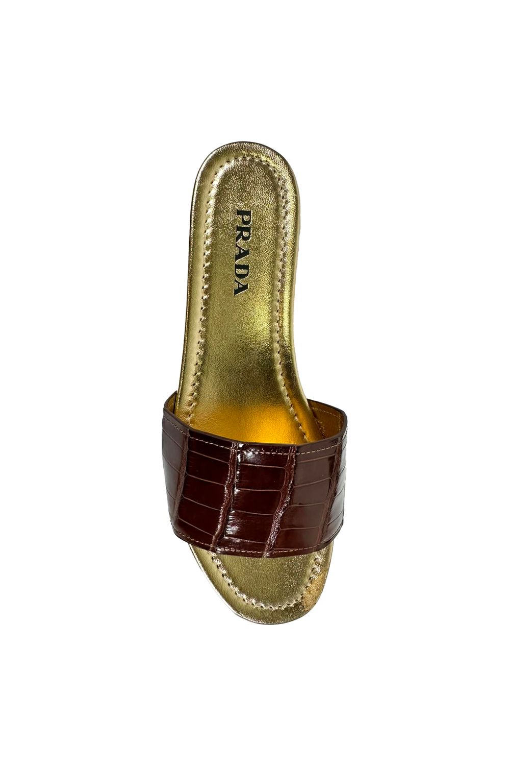Prada Croc-Embossed Slide Flat Sandals in Brown Leather