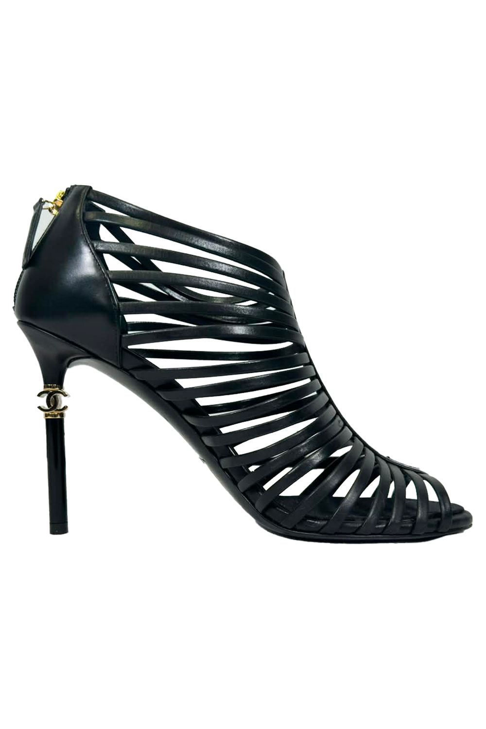 Chanel CC Caged Sandal Heels in Black Leather