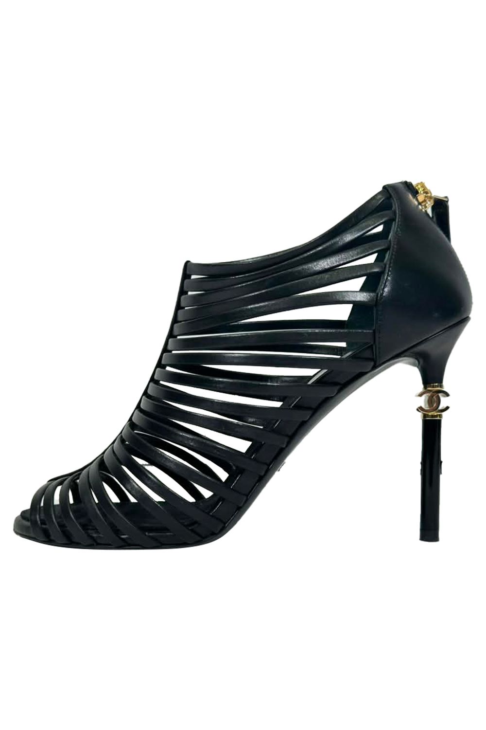 Chanel CC Caged Sandal Heels in Black Leather