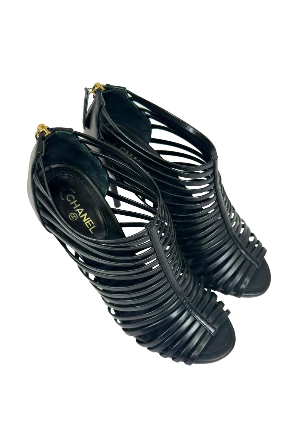 Chanel CC Caged Sandal Heels in Black Leather