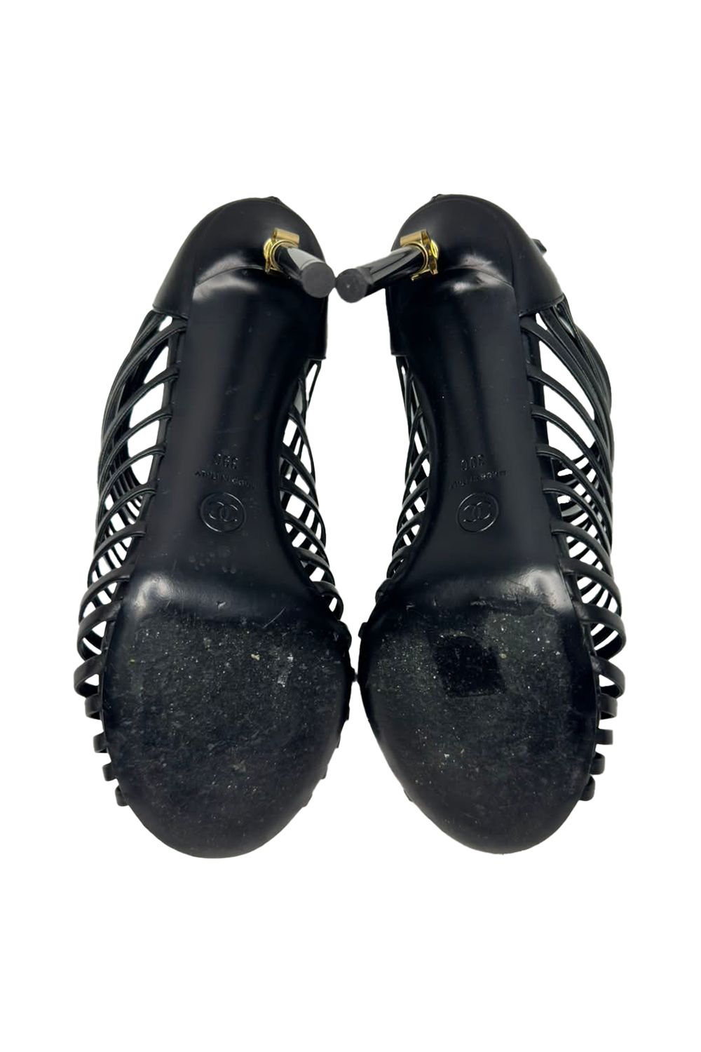 Chanel CC Caged Sandal Heels in Black Leather