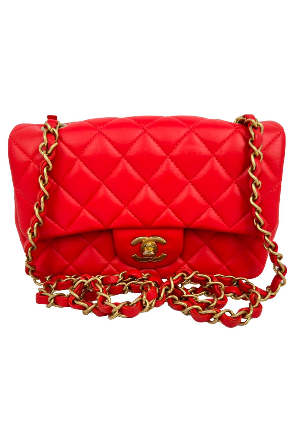 Chanel Mini Classic Single Flap Crossbody Bag in Red Lambskin Leather