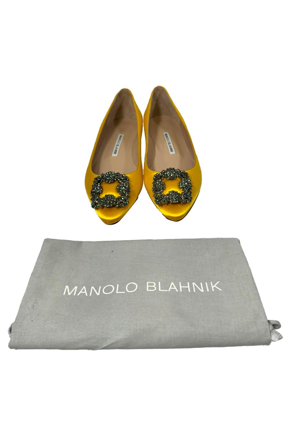 Manolo Blahnik Jewel Buckle Flat Pumps in Yellow Satin