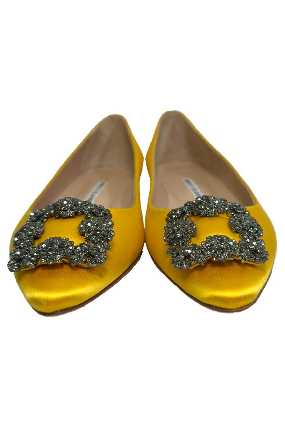 Manolo Blahnik Jewel Buckle Flat Pumps in Yellow Satin