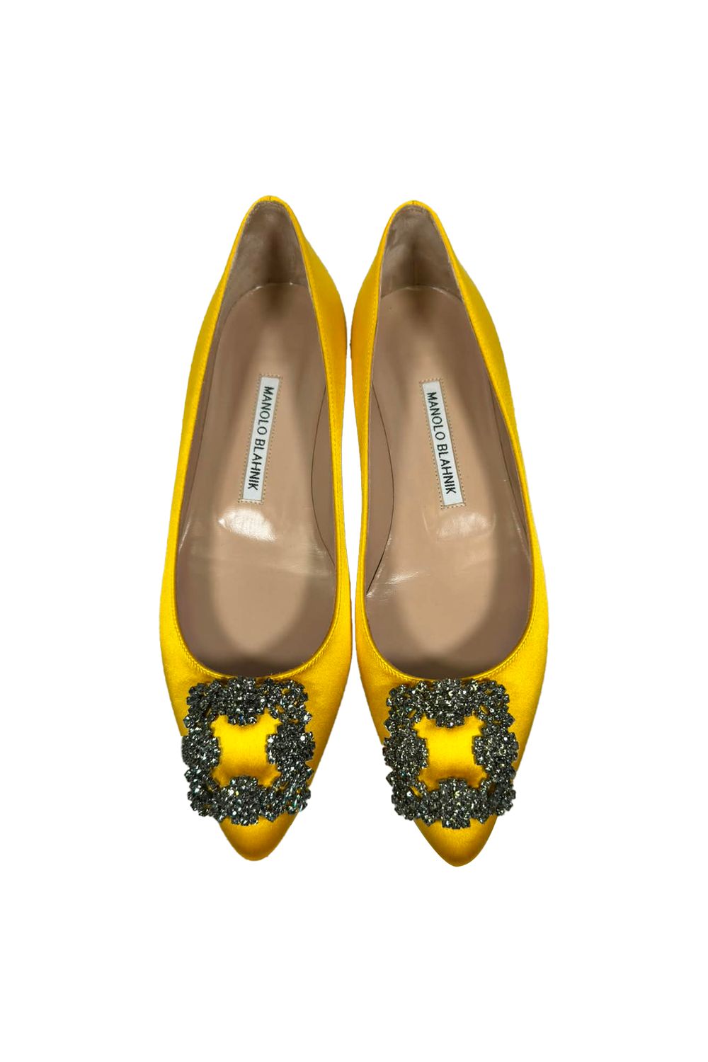 Manolo Blahnik Jewel Buckle Flat Pumps in Yellow Satin