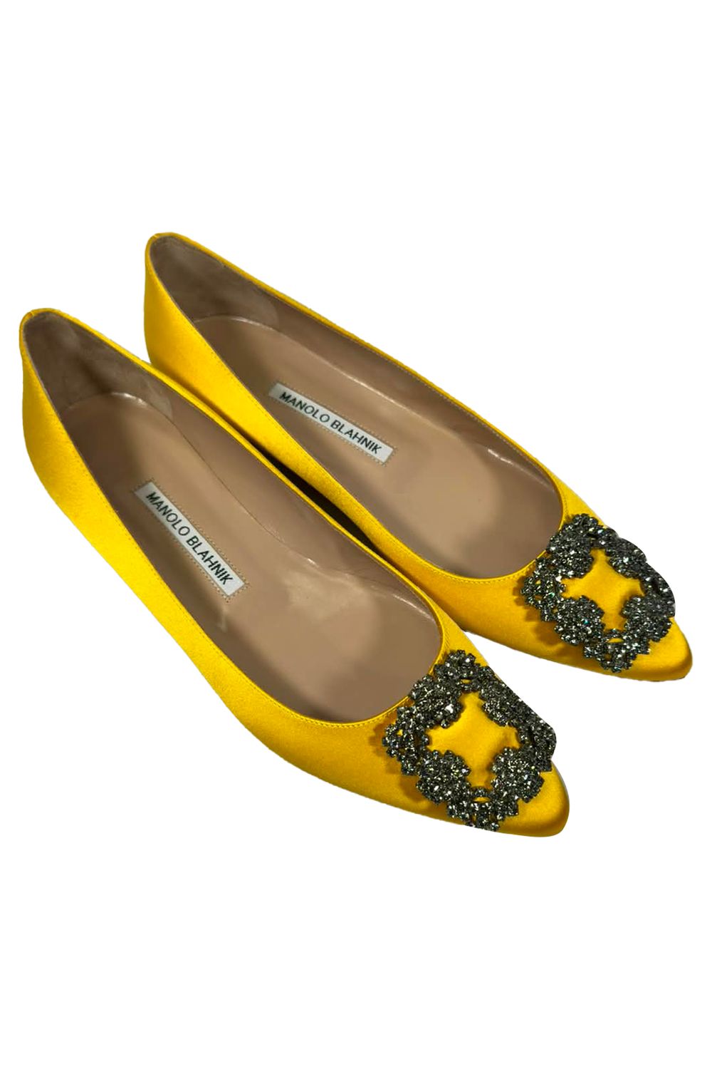 Manolo Blahnik Jewel Buckle Flat Pumps in Yellow Satin