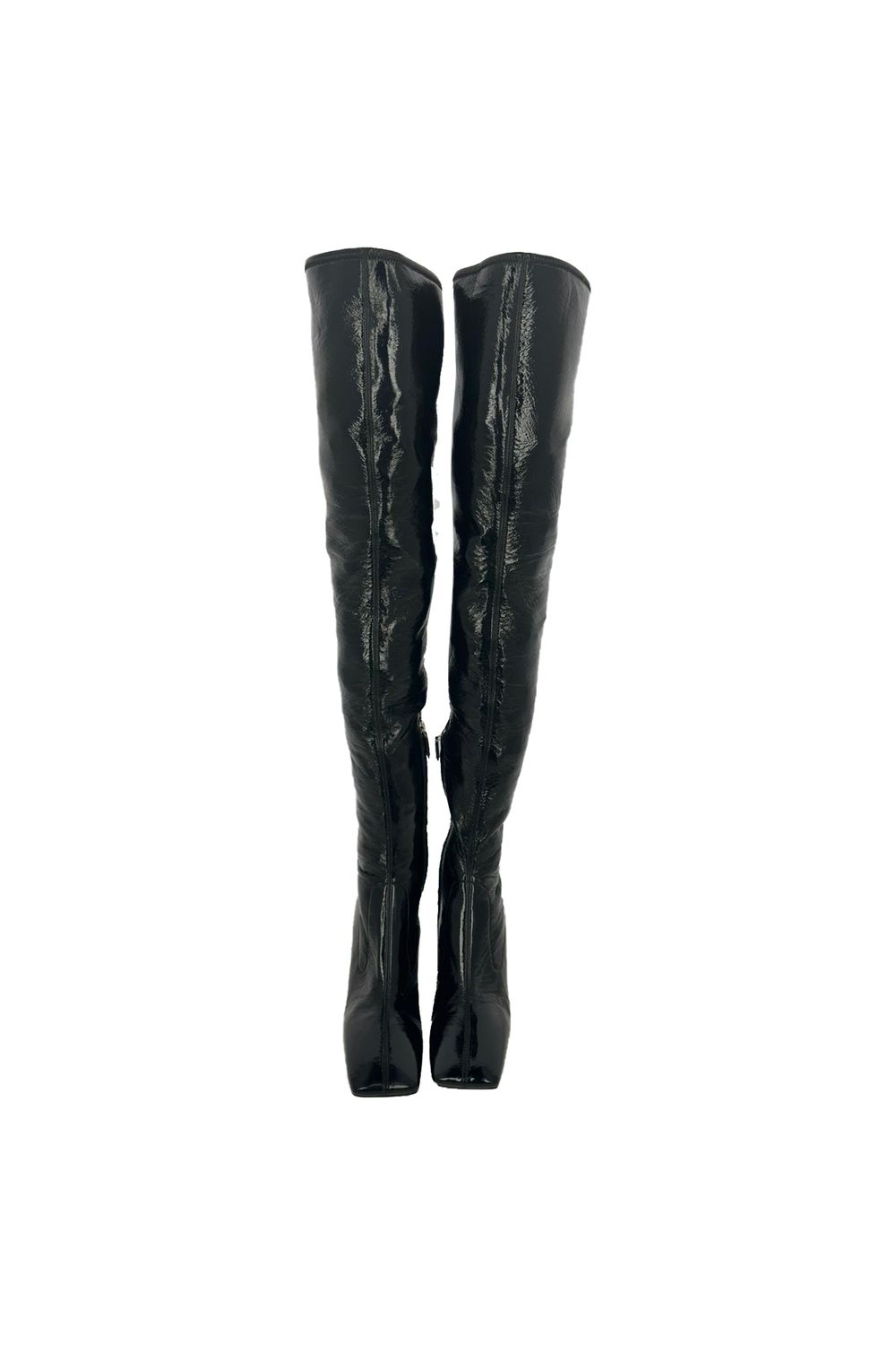 Prada Square-Toe Over-The-Knee Boots in Black Patent Leather