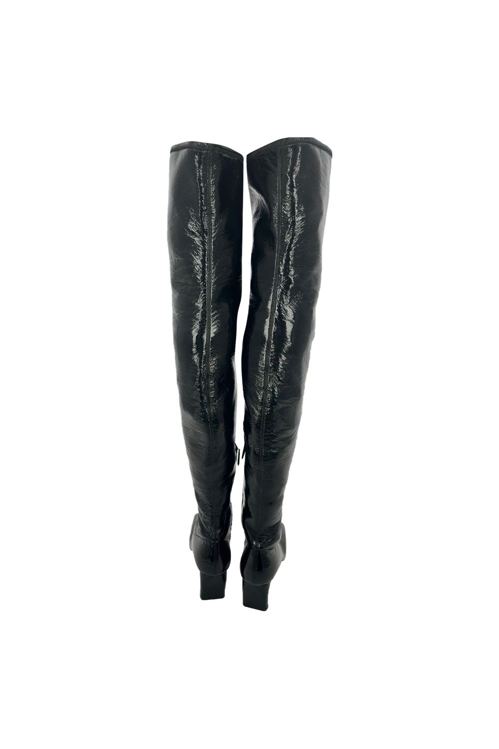 Prada Square-Toe Over-The-Knee Boots in Black Patent Leather