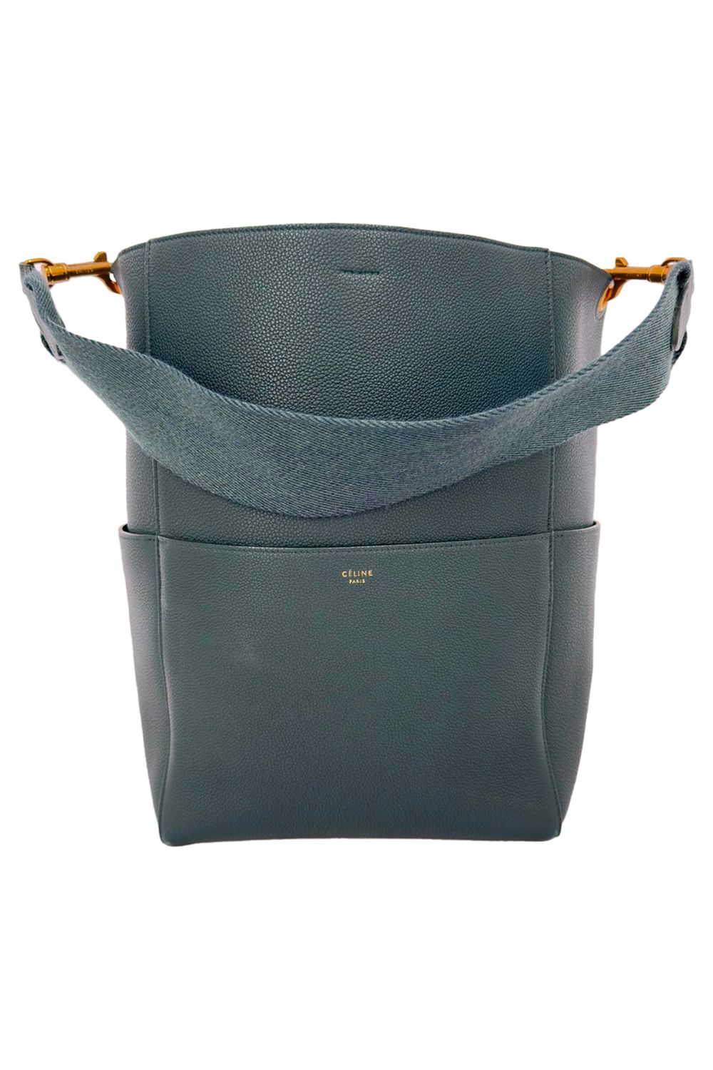 Celine Medium Sangle Bucket Bag in Green Leather