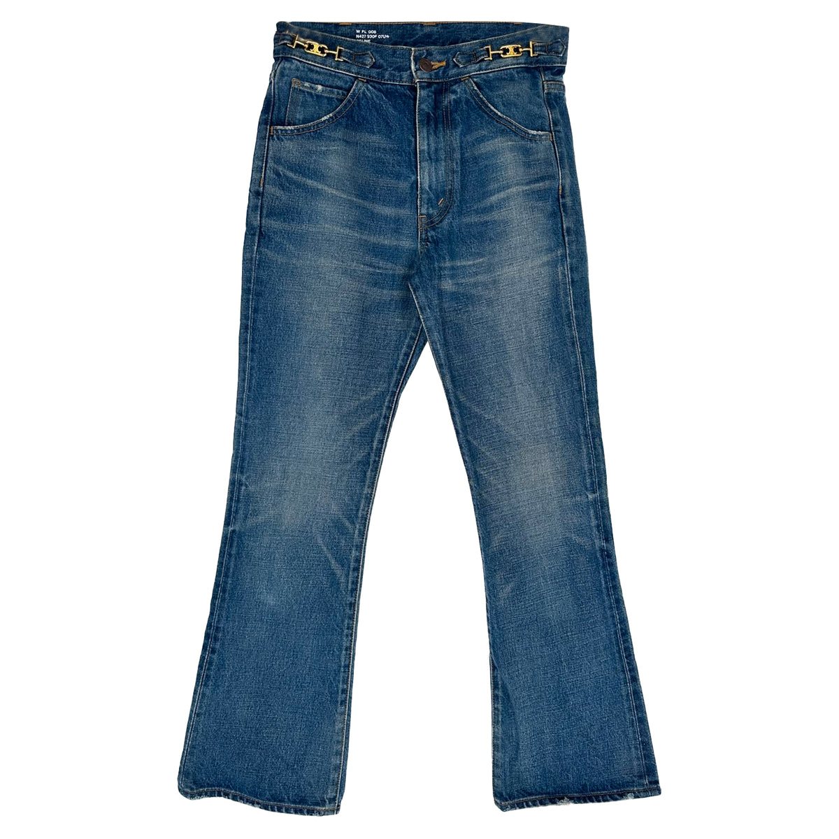Celine Dylan Triomphe Chain Accent Flared Jeans in Blue Cotton