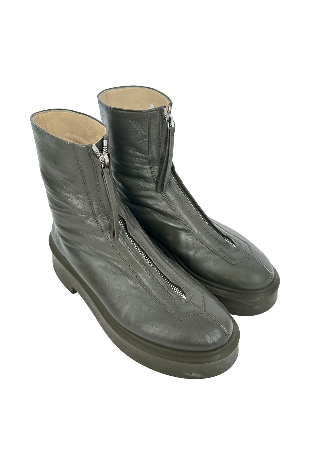 The Row Zipped Boot in Olive Green Leather