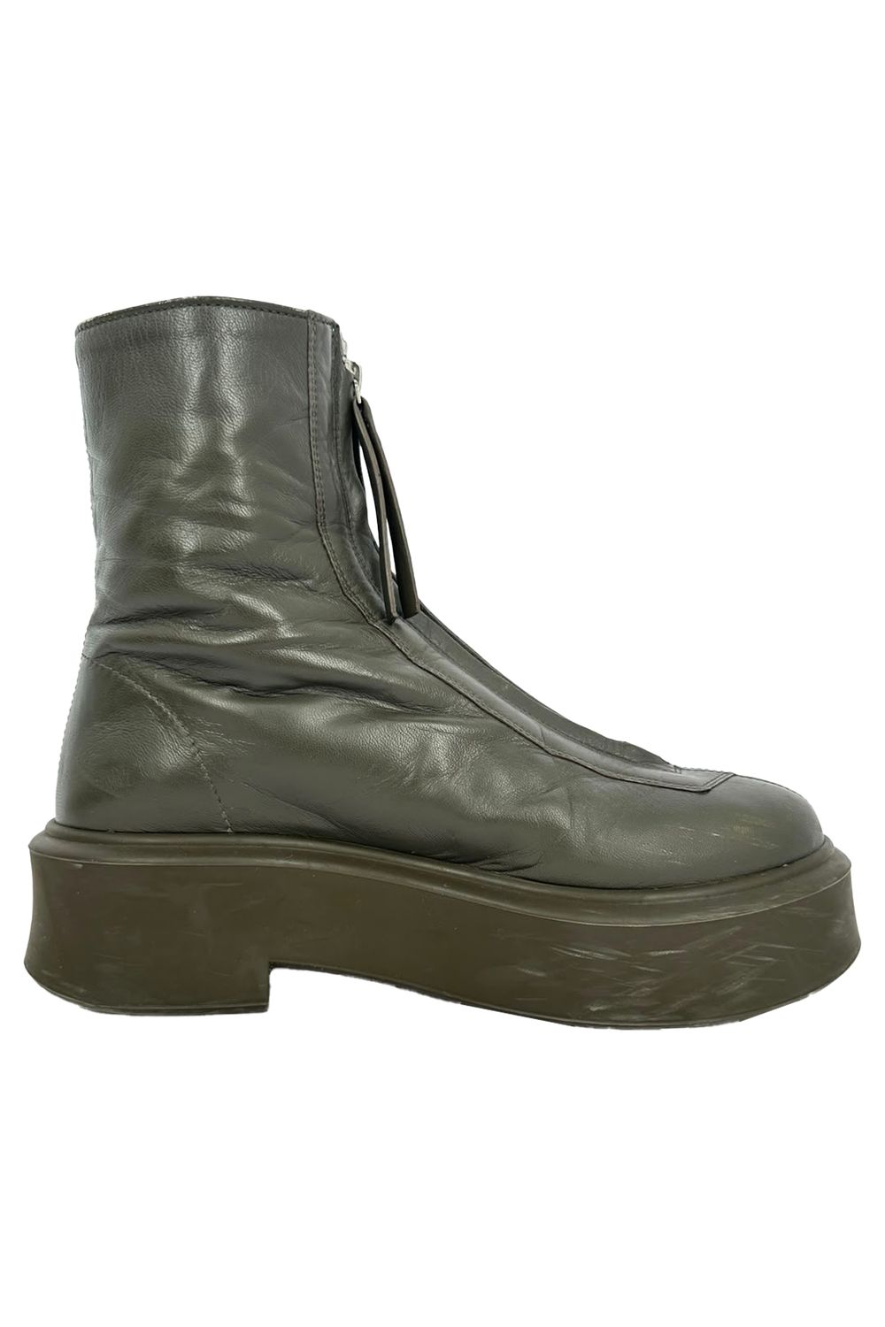 The Row Zipped Boot in Olive Green Leather