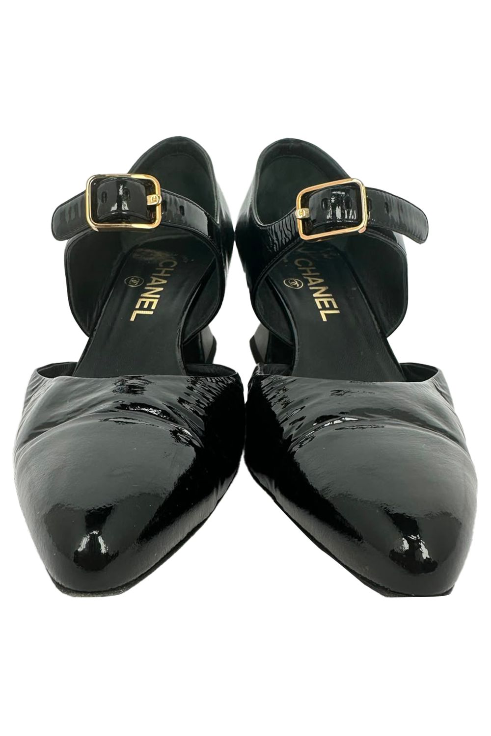 Chanel Almond-Toe Mary Jane Pumps in Black Patent Leather