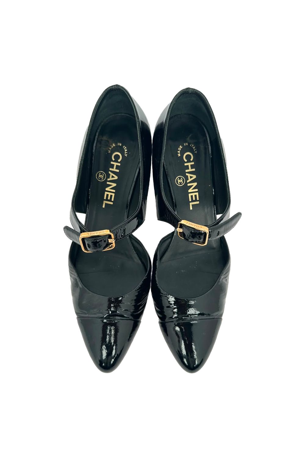 Chanel Almond-Toe Mary Jane Pumps in Black Patent Leather